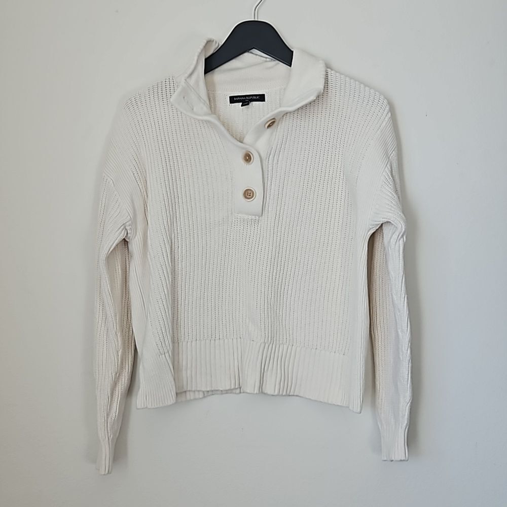 Banana Republic Factory Mock Neck Ribbed Sweater Cream Fisherman Small